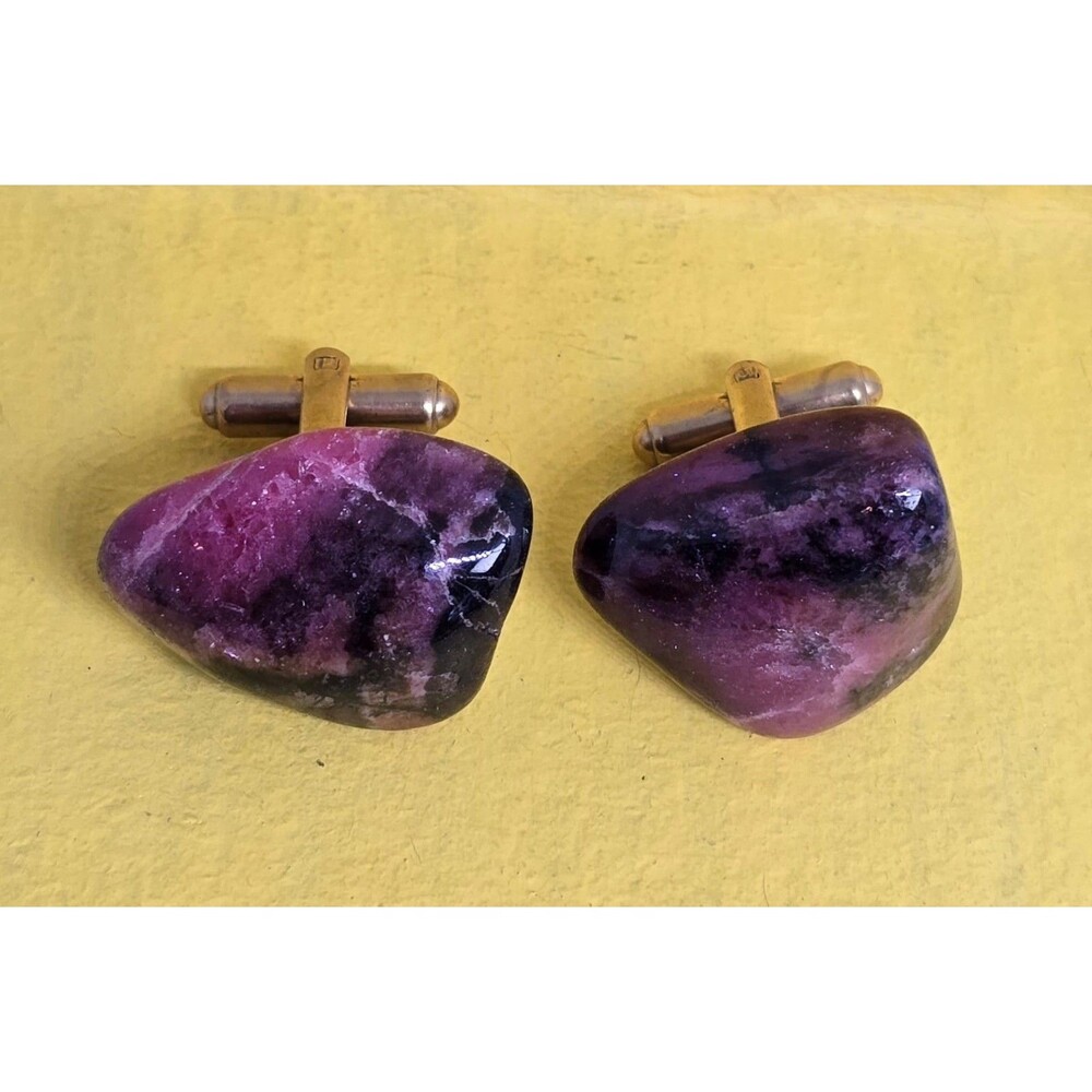 Men's Vintage Rhodonite Gemstone  Gold Tone Cufflinks Gemstone Jewelry